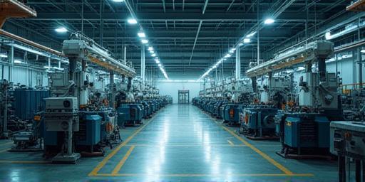 Panoramic view of heavy machinery on a factory floor