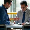 Consultant discussing blueprint with client